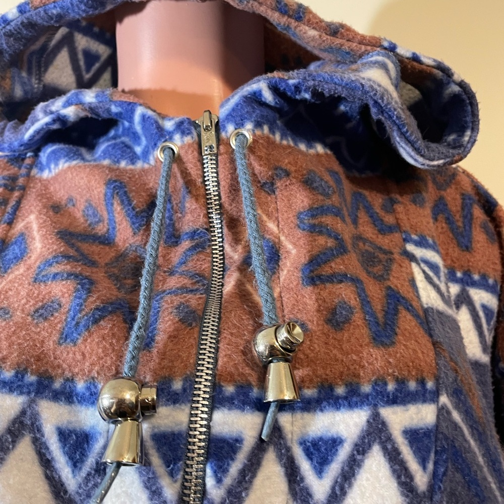 OutBrook Womens Aztec Tribal Fleece Jacket‎ Blue Brown full zip hooded w/pockets - Picture 10 of 12